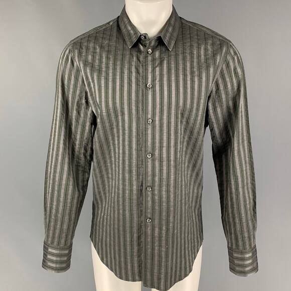 EMPORIO ARMANI Size L Grey Olive Stripe Cotton Viscose Long Sleeve Shirt - Picture 1 of 1